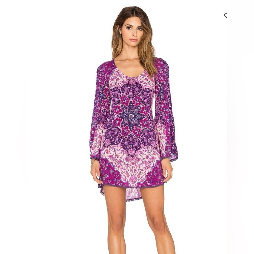 SPELL Kiss the Sky Bell Sleeve Mini Dress S Bluejay/Violet Mandala Backless Boho